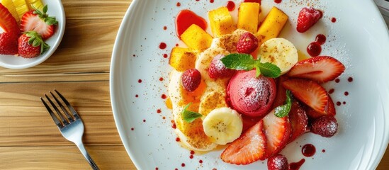 Aufkleber - A white plate with crape topped with assorted tropical fruit accompanied by strawberry ice cream all against a copy space image