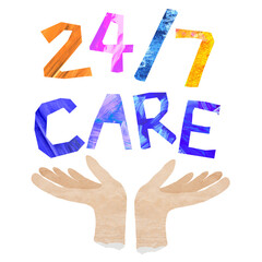 Sticker - 24/7 care png word, paper craft collage, transparent background