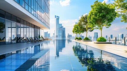 Poster - A pool with a city skyline in the background