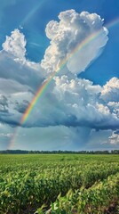 Poster - A rainbow is seen in the sky above a field of corn