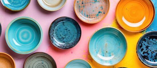 Leinwandbilder - Top view of various blue ceramic plates on colorful background with room for text or image. with copy space image. Place for adding text or design
