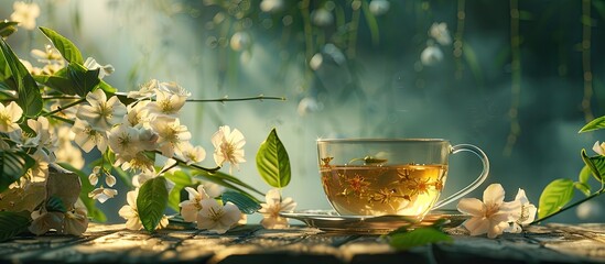 Aufkleber - A cup of fragrant jasmine tea accompanied by jasmine flowers in a serene setting for a peaceful and aromatic experience. with copy space image. Place for adding text or design