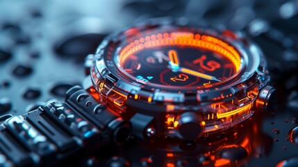 Poster - A close-up image of a futuristic wearable biosensor, revealing intricate details of the devices design.