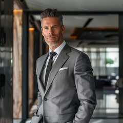 confident mature businessman standing in a sleek modern office his posture and expression convey experience and leadership in a professional setting