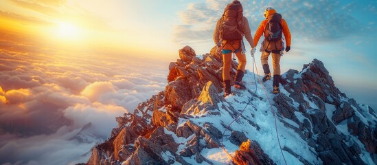 Two Climbers Ascending Snowy Rocky Peak During A Beautiful Sunset With Stunning Cloud Cover Below