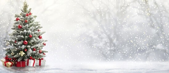 Poster - Festive Christmas background with a tree and decorations on a silver backdrop in banner format featuring copy space image above