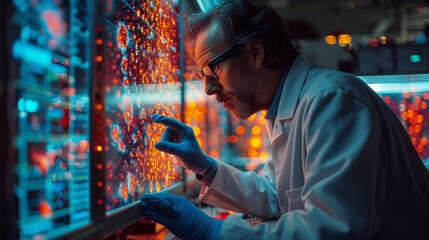 Poster - A scientist in a lab coat examines data displayed on a large screen, likely for research purposes.