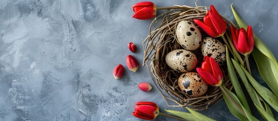 Poster - Spring and Easter themed composition featuring lovely red tulips vibrant quail eggs in a nest on a soft gray background ideal for a copy space image
