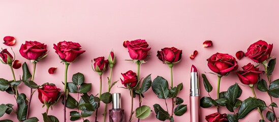 Poster - Beautiful red rose flowers and makeup products composition on pink background with copy space image