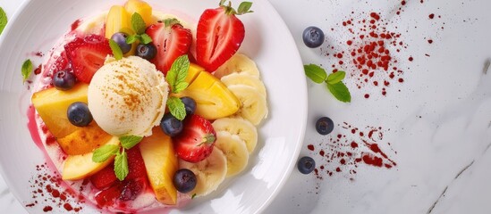 Aufkleber - A white plate with crape topped with assorted tropical fruit accompanied by strawberry ice cream all against a copy space image