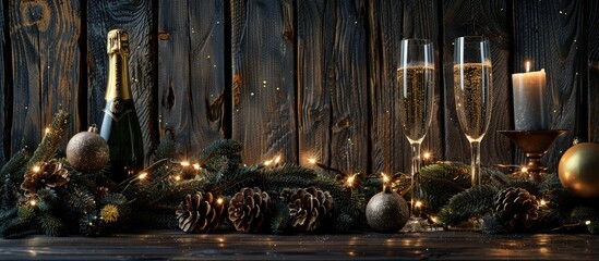 Poster - Rustic style Christmas and New Year setup on a dark wooden backdrop featuring festive spruce branches champagne candelabra garland ornaments cones and copy space image