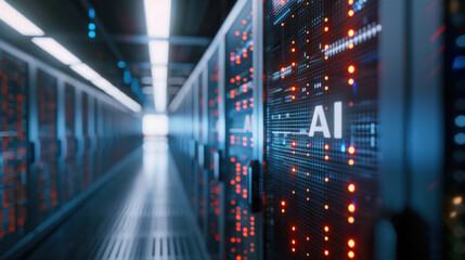 Poster - Server room is processing data for artificial intelligence, with glowing lights and complex circuitry