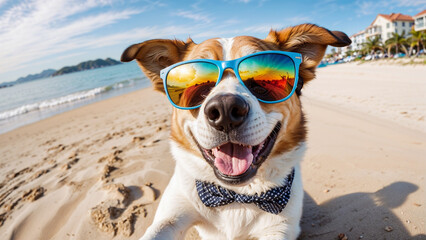 Wall Mural - Happy dog on on vacation wearing sunglasses takes a selfie on the beach