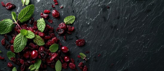 Aufkleber - Organic red dried cranberry and fresh mint leaves arranged on a black background in a top view shot with copy space image