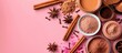 © vxnaghiyev - Colorful background with cosmetic products cinnamon sticks powder and anise stars creating a visually appealing copy space image