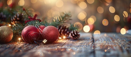 Poster - Holiday ornaments decor for celebrating Christmas with family and friends surrounded by lights and warmth creating a festive atmosphere in this lovely copy space image