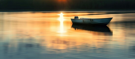 Poster - A boat is seen on a sunset lit lake with a blurred effect and soft focus caused by a slow shutter speed in a photograph with copy space image