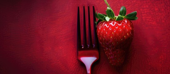 Poster - A strawberry resting on a crimson fork in a copy space image