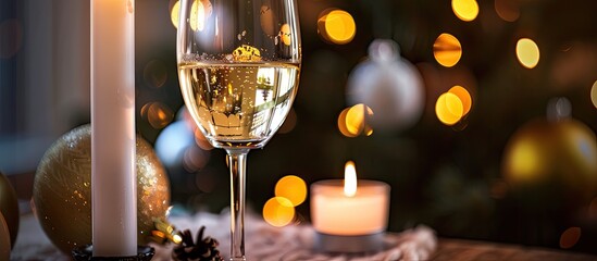 Poster - A festive scene featuring a crystal wine glass with white wine a flickering candle and a Christmas tree in the background perfect for a copy space image