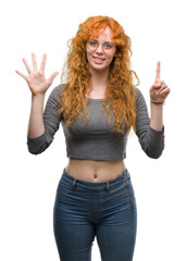 Poster - Young redhead woman showing and pointing up with fingers number six while smiling confident and happy.