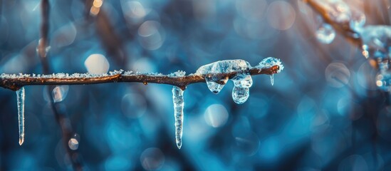 Poster - Selective focus on an icicle formed on a frozen branch during an ice storm suitable for a copy space image