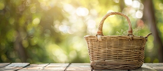 Poster - A lovely straw picnic basket sits on a wooden table in a natural outdoor setting evoking feelings of summer camping picnics health organic food and romance with copy space image