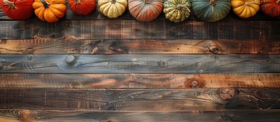 Aufkleber - Top view of a rustic wooden table adorned with different decorative pumpkins creating an autumnal composition perfect for Halloween or Thanksgiving decoration with copy space image