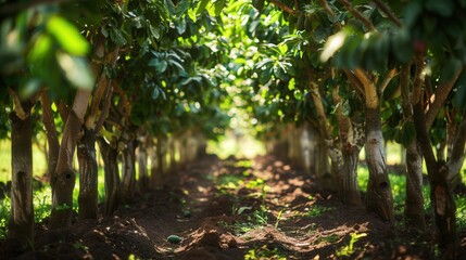 Avocado plant with fruit in plantation farm field