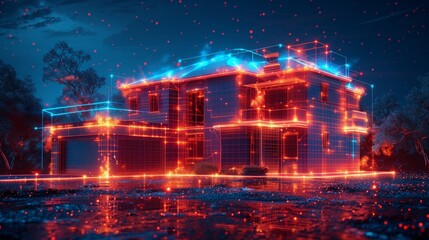 Poster - A digital rendering of a modern, two-story home illuminated with glowing red and blue lines representing the integration of lab-on-a-chip technology.