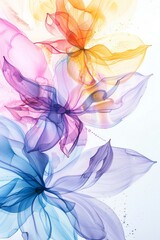 Wall Mural - A delicate watercolor painting of an abstract floral design, featuring soft pastel colors and fluid lines that create gentle petals in shades like purple, blue, pink, yellow, orange, 