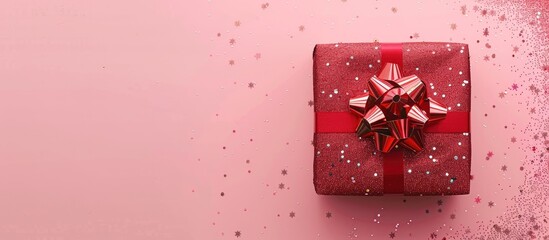 Poster - View from above of a red gift box with sequins tinsel and a red bow on a pink background ideal for a holiday with copy space image