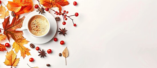 Aufkleber - Seasonal coffee and autumnal decor over white copy space image