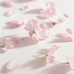 Wall Mural - delicate pink flower petals scattered elegantly on pristine white background soft focus macro photography highlighting petal textures and gentle curves