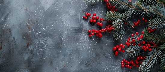 Poster - Composition capturing the essence of the Christmas season with fir tree branches red berries against a gray backdrop Reflects Xmas winter and new year themes Top view with ample copy space image