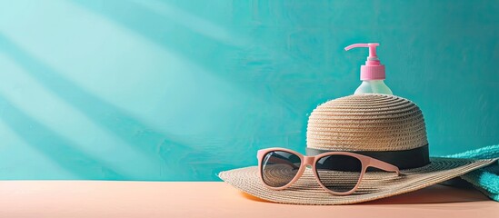 Aufkleber - Beach holiday accessories such as a straw hat sunglasses and sunscreen with a thematic concept for summer travel or sale including a file with a clipping path and copy space image