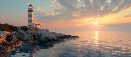 Wall Mural - Seaside Lighthouse at Sunset with Golden Clouds and Calm Ocean