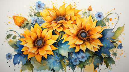 Canvas Print - Watercolor sunflowers art, ala prima, painting with spots and splashes, picturesque still life, summer and autumn sunny flowers, poster, background, wallpaper, generative AI