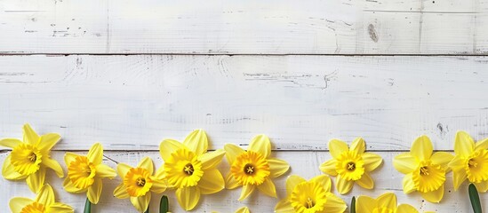 Leinwandbilder - A top down view of vibrant yellow daffodil blooms on a white wooden backdrop for an Easter or garden greeting card featuring copy space image