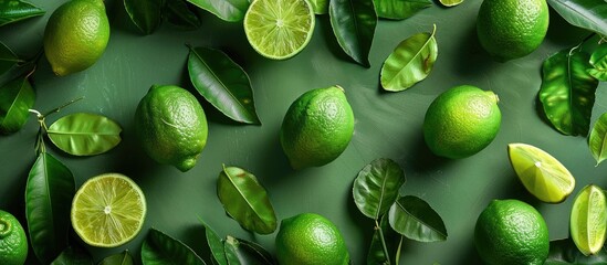 Leinwandbilder - A flat lay arrangement including vibrant limes and leaves on a green backdrop with room for text in the image. with copy space image. Place for adding text or design