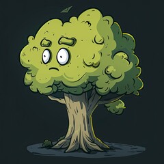 Wall Mural - A simple cartoon drawing of an anthropomorphic Tree, with a green and yellow color palette against a dark background