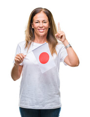 Sticker - Middle age hispanic woman holding flag of Japan over isolated background surprised with an idea or question pointing finger with happy face, number one