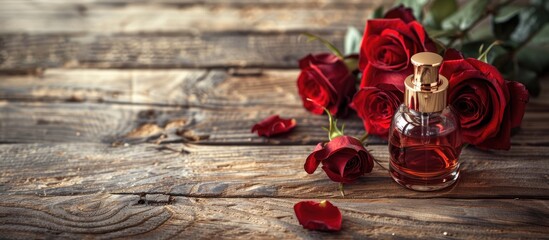 Poster - A wooden background showcases fresh red roses and a perfume bottle embodying a Spa and Aromatherapy concept with available copy space image