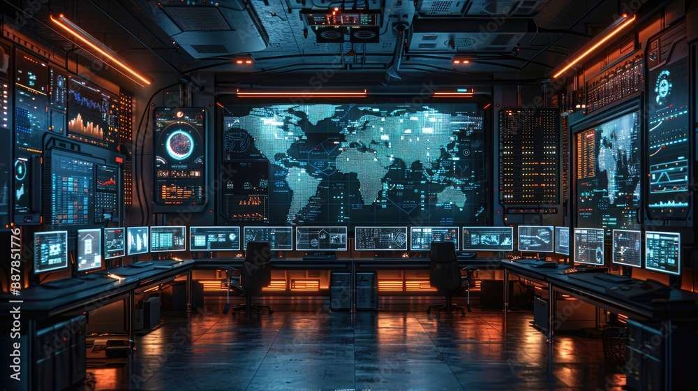Futuristic control room with multiple screens displaying maps and data ...