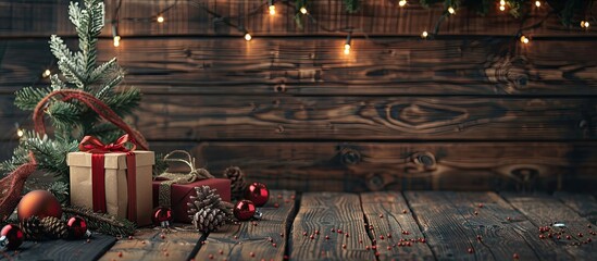 Poster - Festive New Year party arrangement with various decorations like gifts a present box ornaments fir tree sparkles and cones on a wooden backdrop with copy space image
