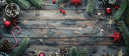 Poster - Top view of a Christmas themed still life on an aged wooden backdrop with vintage decorations like spruce branches and toys offering available space for text or other elements in a festive winter hol