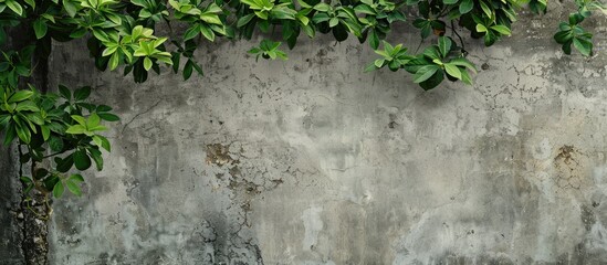 Sticker - Weathered cement wall next to green tree branches Ideal copy space image for architectural backgrounds