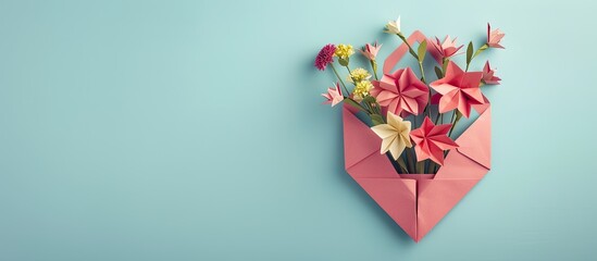 Poster - Folded paper heart with a bouquet of origami flowers in an envelope creating a charming Valentine s Day scene with copy space image