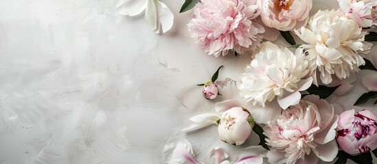 Fototapete - A floral arrangement featuring white and pink peonies on a soft pastel backdrop with areas for text or graphics Flat view for a nature theme. with copy space image. Place for adding text or design