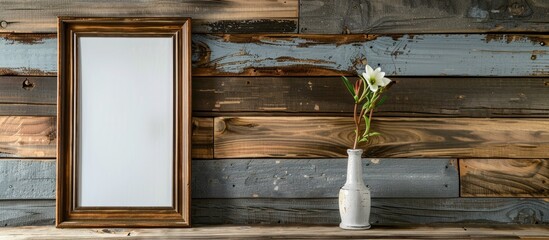 Wall Mural - A photo frame mockup displayed on a rustic wooden table with plenty of room for additional graphics or text commonly known as copy space image