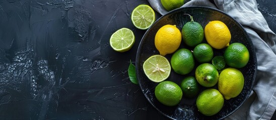 Fototapete - Copy space image featuring a dark backdrop with a black plate showcasing a flat lay of vibrant green limes and lemons